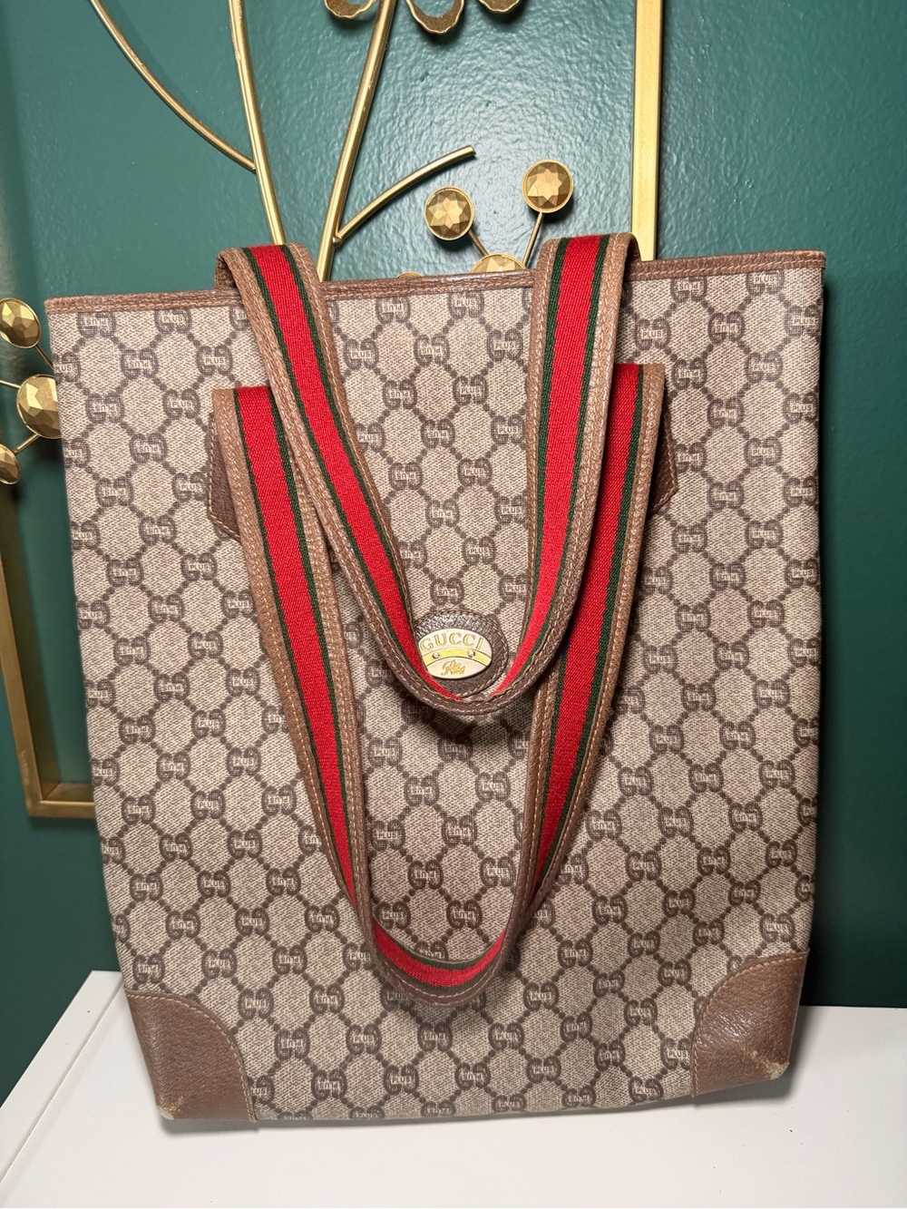 Gucci Brown GG Supreme Canvas Tote with Red-Green Sherry line